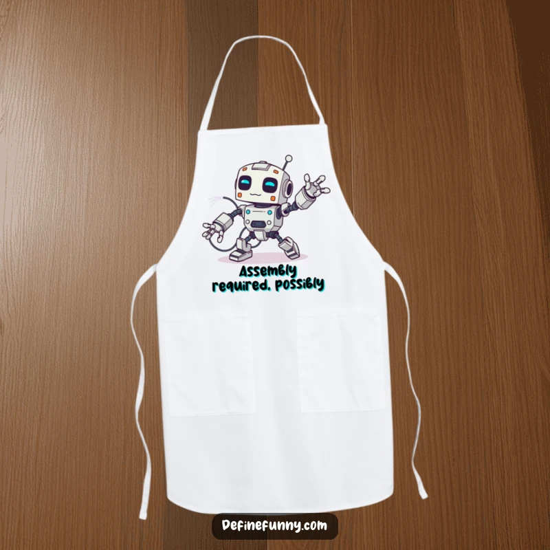 Funny apron showing a robot tripping over its own wires while cooking, a humorous protective layer for kitchen adventures.