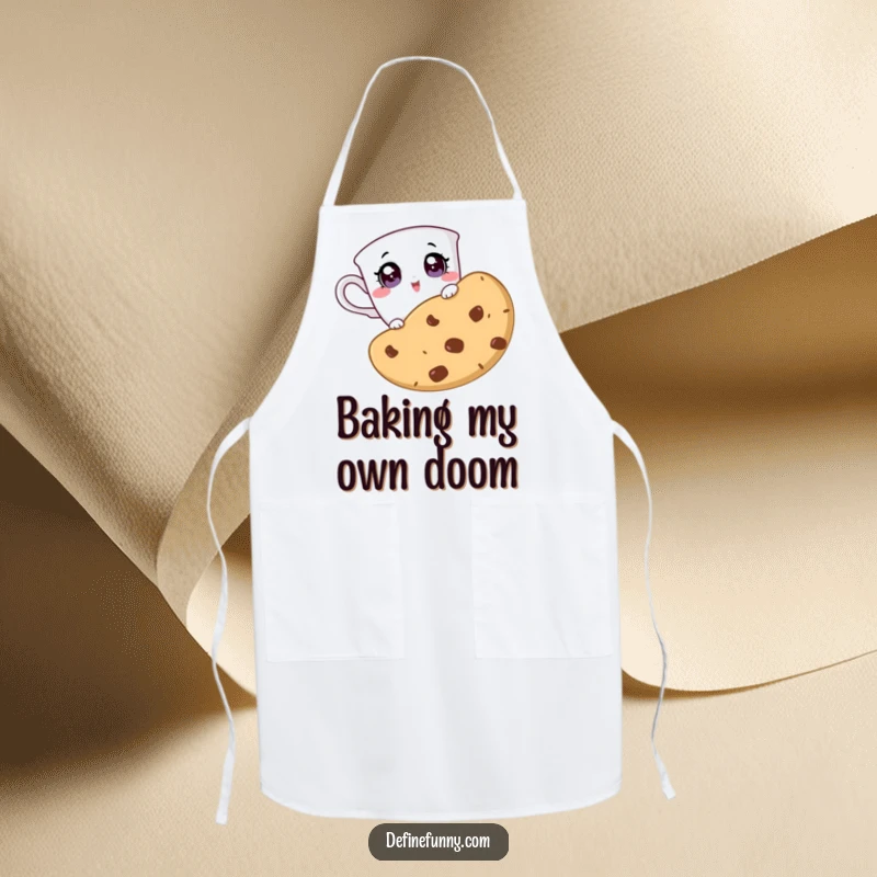 Funny apron showing a teacup character surprised by a giant cookie, a humorous accessory for bakers and cookie enthusiasts.