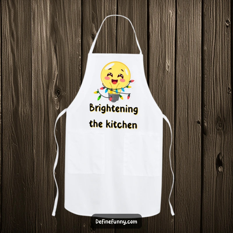 Funny, delighted lightbulb character wrapped in festive lights, on a practical apron, an excellent funny gift.
