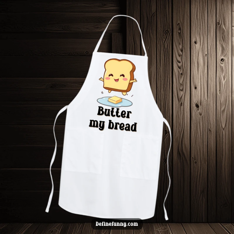 Funny apron depicting a smiling toast character bravely jumping over a tiny puddle of butter, a humorous kitchen accessory.