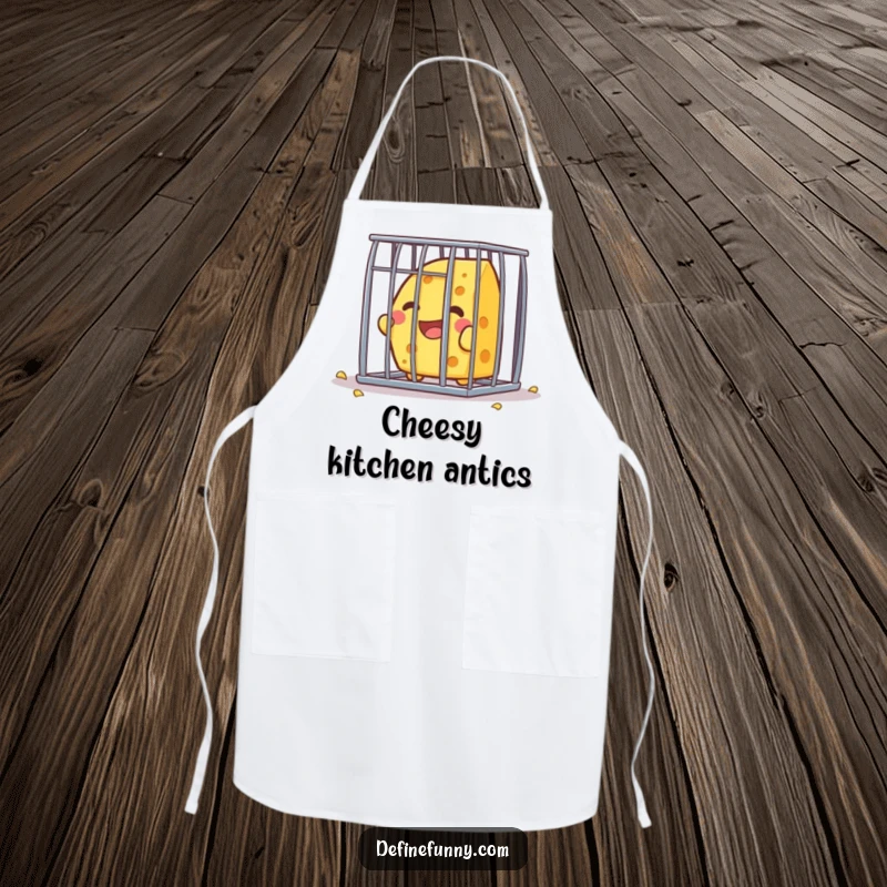 Funny Kawaii cheese character, joyfully attempting to break free from a tiny cage, on a practical and humorous apron.