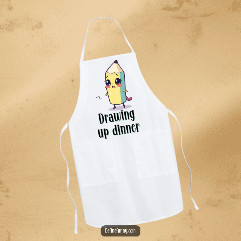 Funny apron featuring a cute pencil character drawing its escape route, perfect for art studios and messy activities.