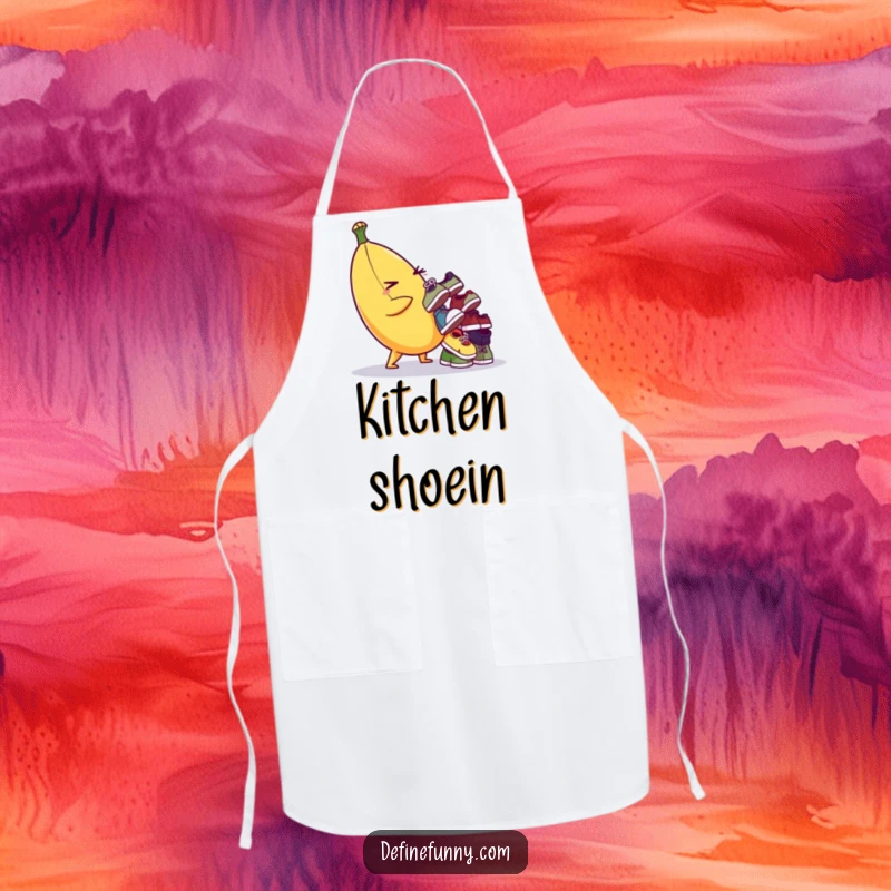 Funny apron featuring a plump banana character winking while balancing a towering pile of small, varied shoes. Kitchen humor.
