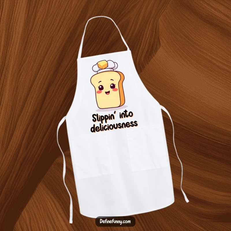 Funny apron showing a bread loaf character in a chef hat slipping on butter, a humorous kitchen accessory for cooks.