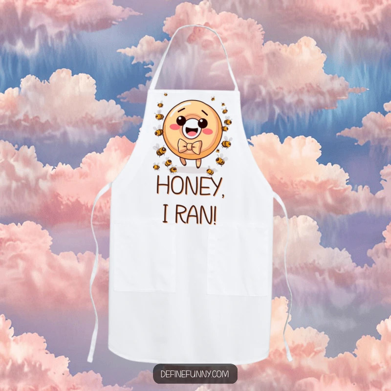 Funny donut character wearing a bow tie, chased by miniature angry bees, on a kitchen apron.