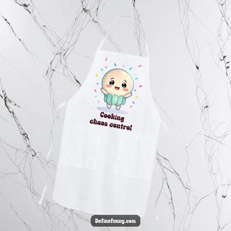 Funny apron featuring a jelly character in bewildered joy, attempting to catch a falling piano, a hilarious kitchen gift.