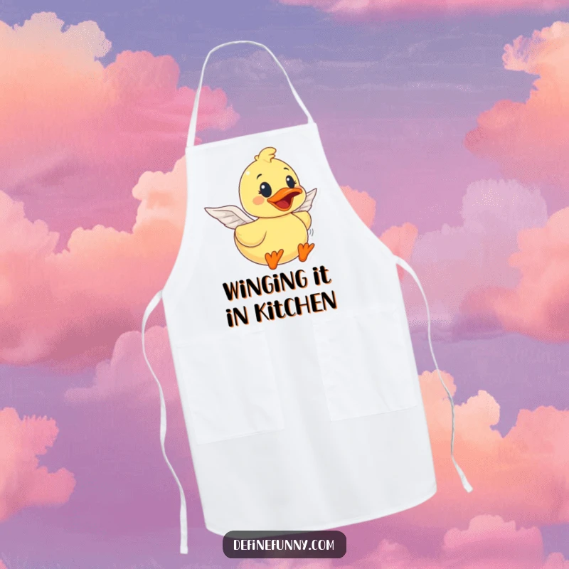 Funny rubber duck character with tiny paper wings, ready for culinary adventure, on a practical apron, an excellent funny gift.