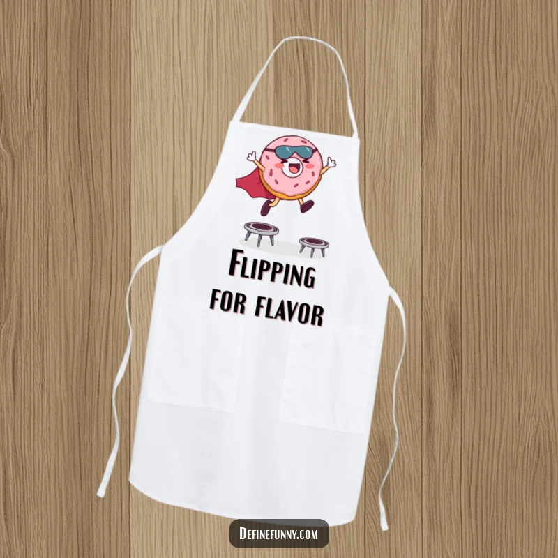 Funny apron illustration of a giggling donut superhero in a cape leaping over miniature trampolines, perfect for kitchen fun.