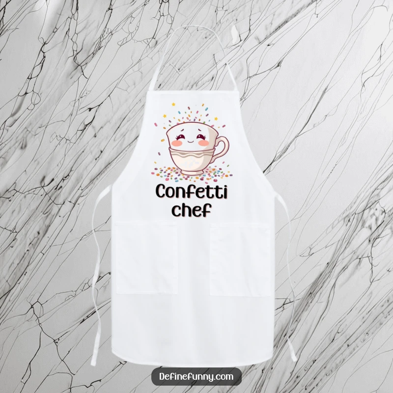 Funny apron showing a shy teacup character with rosy cheeks hiding from falling confetti, a hilarious introvert gift.