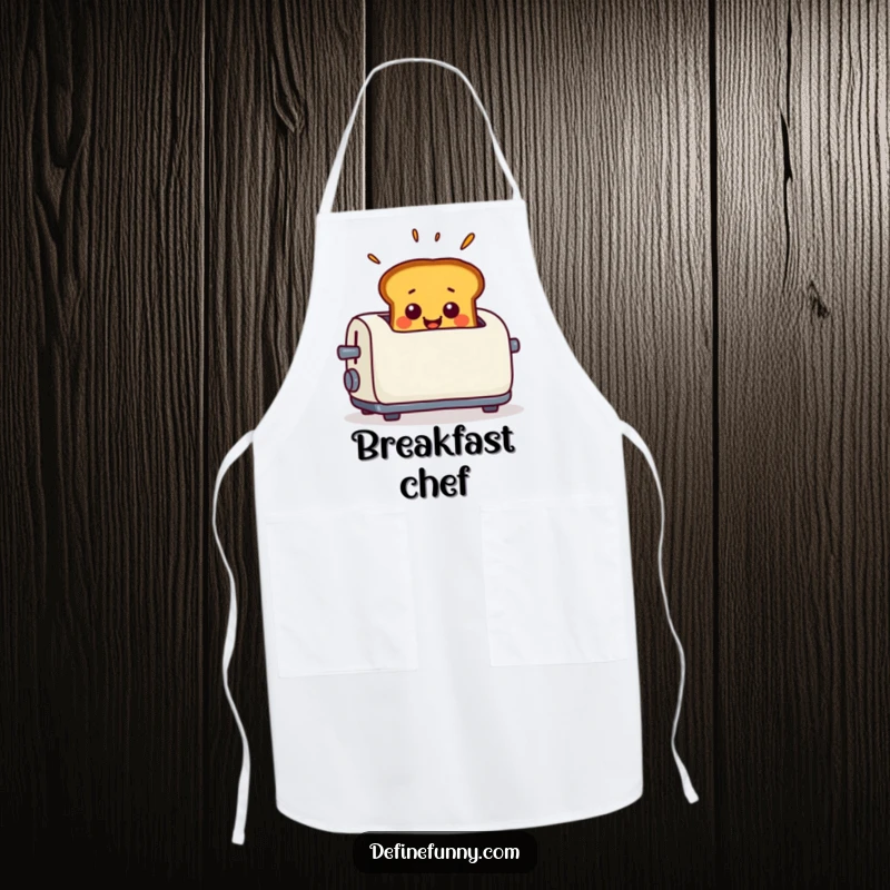 Funny Apron showing smiling toast popping out of a toaster with exaggerated surprise, perfect for kitchen fun.