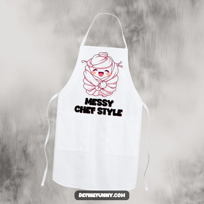 Funny Apron: Giggling pile of laundry character comically tied in knots, humorously adding fun and preparedness to kitchen and household tasks.