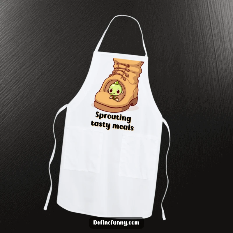 Funny apron with a determined sprout pushing through a giant, comical boot, perfect for a fun gift.