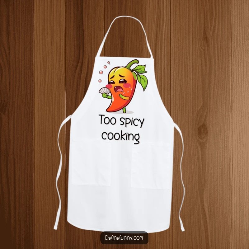 Funny chili pepper apron, surprised face, sweating profusely and fanning itself, ideal for cooking fun.