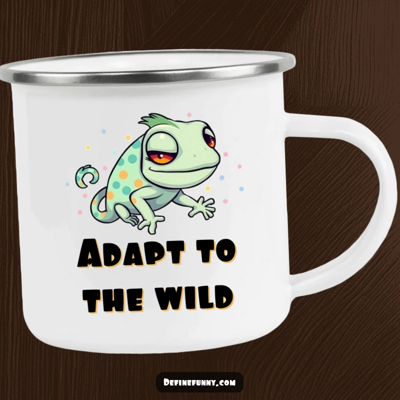 Funny camping mug with a sly chameleon hilariously trying to blend with a bright, polka-dotted pattern.