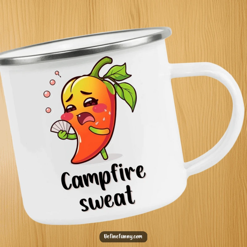 Funny chili pepper camping mug, surprised face, sweating and fanning itself, for outdoor enjoyment.