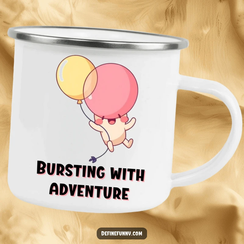 Funny Kawaii balloon character comically popping itself while trying to fly, on a rugged camping mug. A humorous outdoor essential.