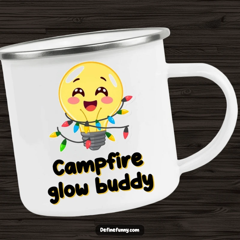 Funny, delighted lightbulb character with festive lights, on a sturdy camping mug, a brighter outdoor gift.