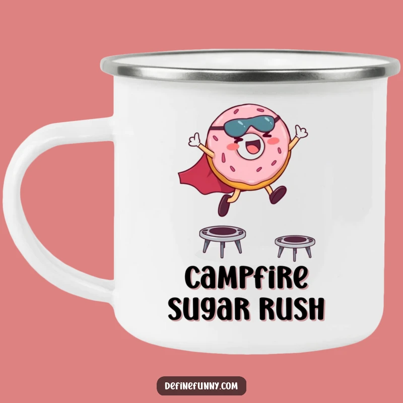 Funny Superhero Donut Camping Mug: Giggling Hero Leaping Outdoor Fun