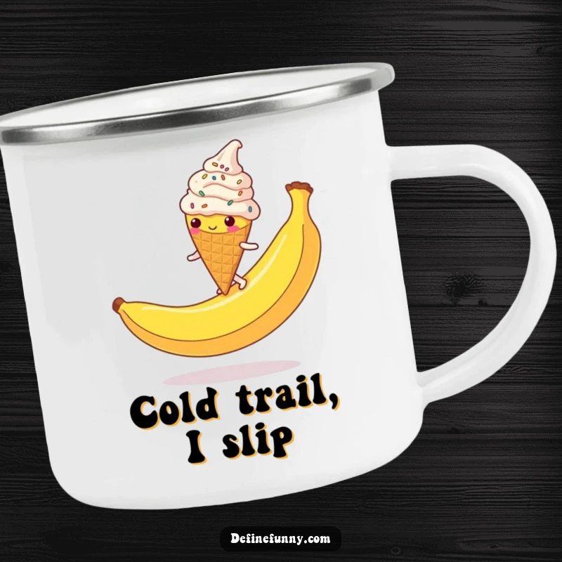 Funny Ice Cream Cone Camping Mug: A clumsy, sprinkle-covered character slipping on a banana peel, perfect for outdoor fun.