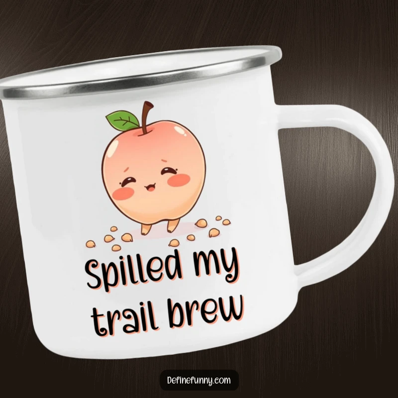 Funny shy apple character, blushing, tripping, durable camping mug, ready for outdoors, radiating humor, excellent gift.