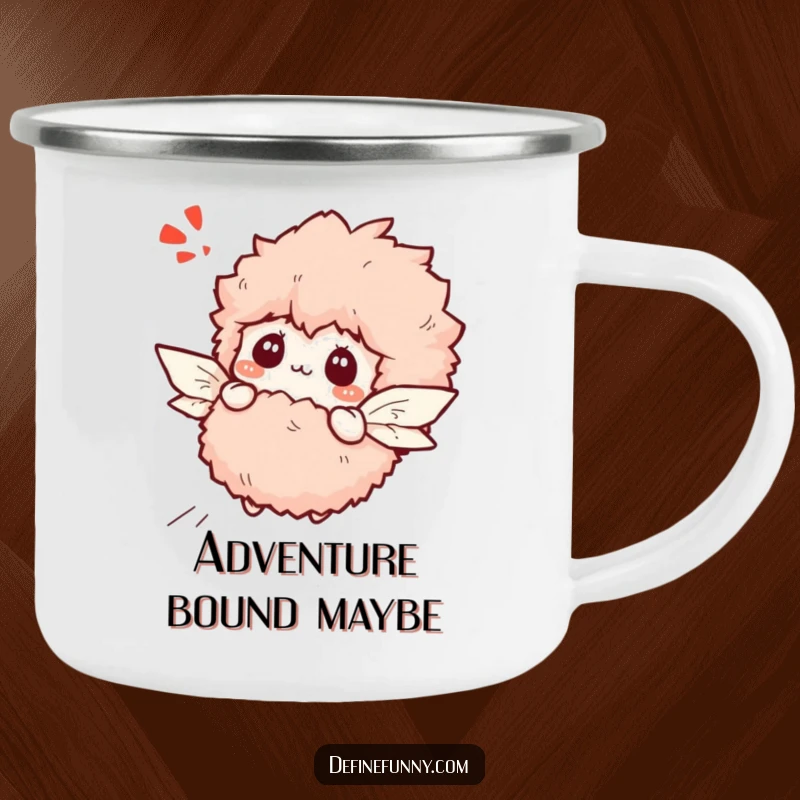 Funny bewildered slipper character with paper wings attempting flight, on a sturdy camping mug.