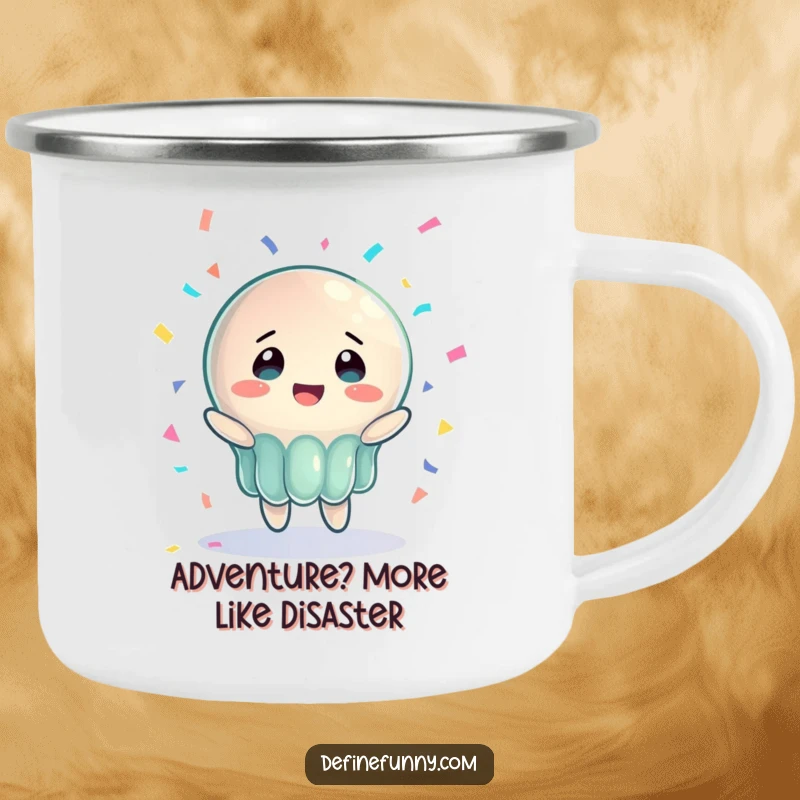 Funny camping mug featuring a jelly character with bewildered joy, attempting to catch a falling piano, a rugged and humorous gift.