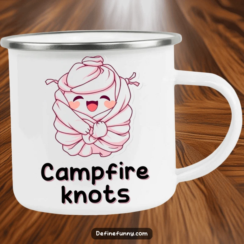 Funny Camping Mug: Giggling pile of laundry character comically tied in knots, humorously accompanying outdoor activities with a sense of domestic preparedness.