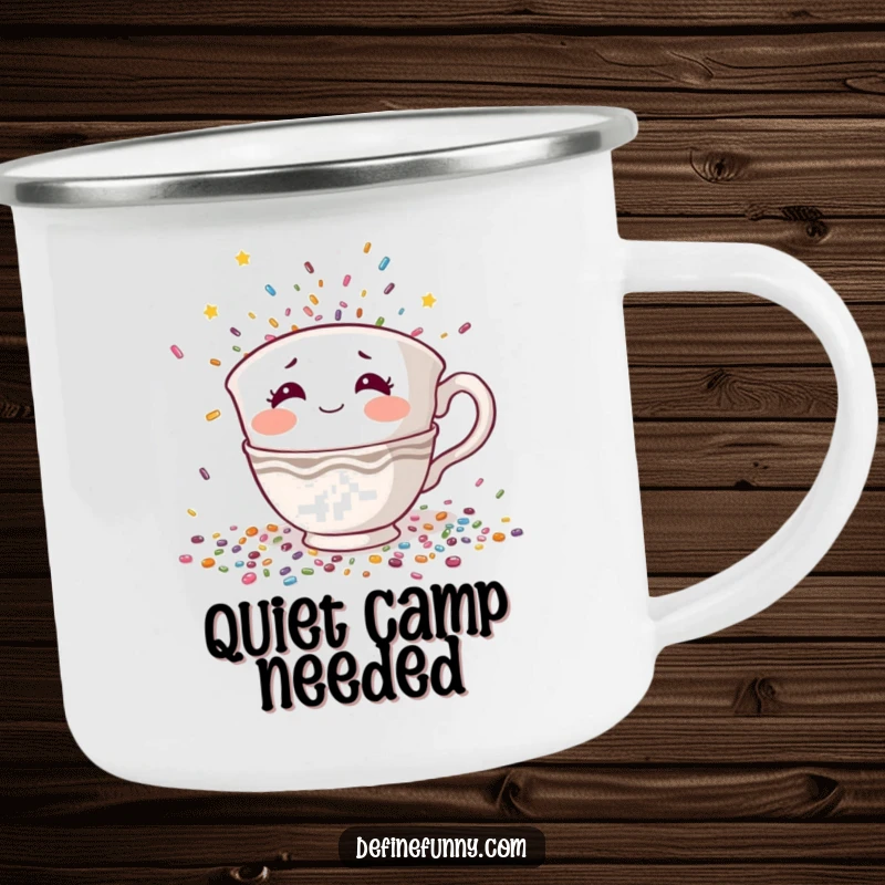 Funny camping mug with a shy teacup character with rosy cheeks hiding from falling confetti, a rugged and humorous introvert gift.