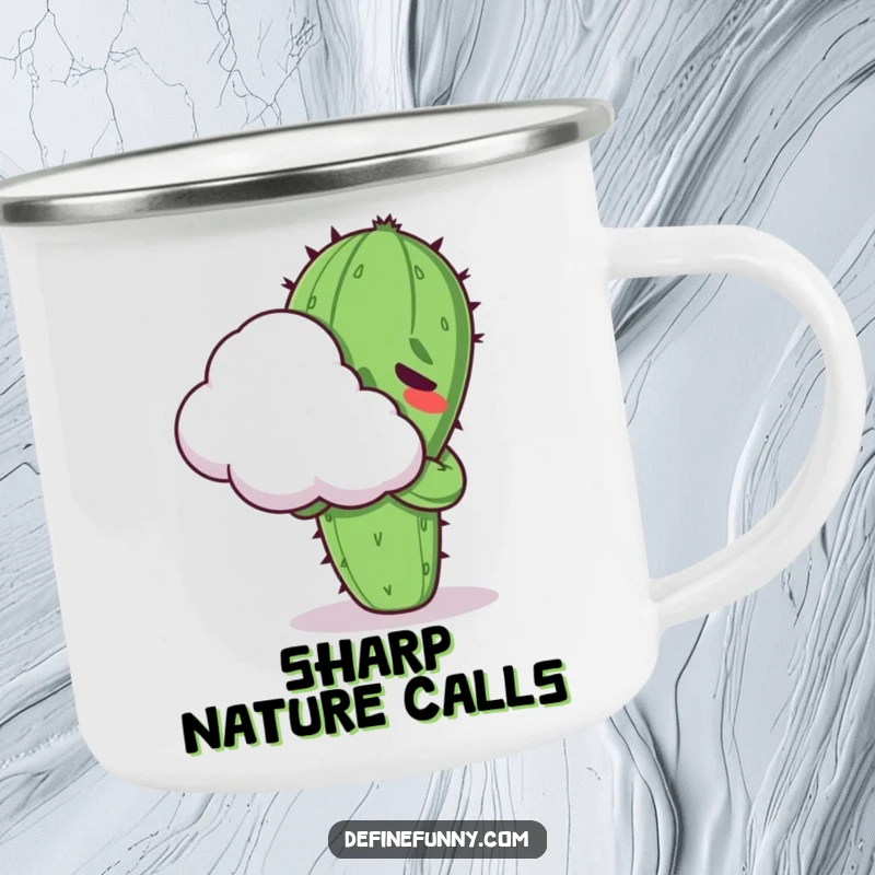 Funny Kawaii cactus character, looking uncomfortable while hugging a cloud, on a durable camping mug for outdoor laughs.