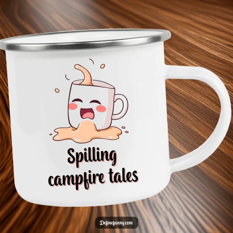 Funny Kawaii coffee mug character, spilling its coffee while laughing, on a durable camping mug for outdoor laughs.
