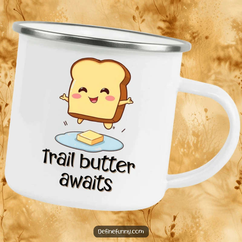 Funny camping mug showing a smiling toast character leaping over a tiny puddle of butter, bringing humor to outdoor settings.