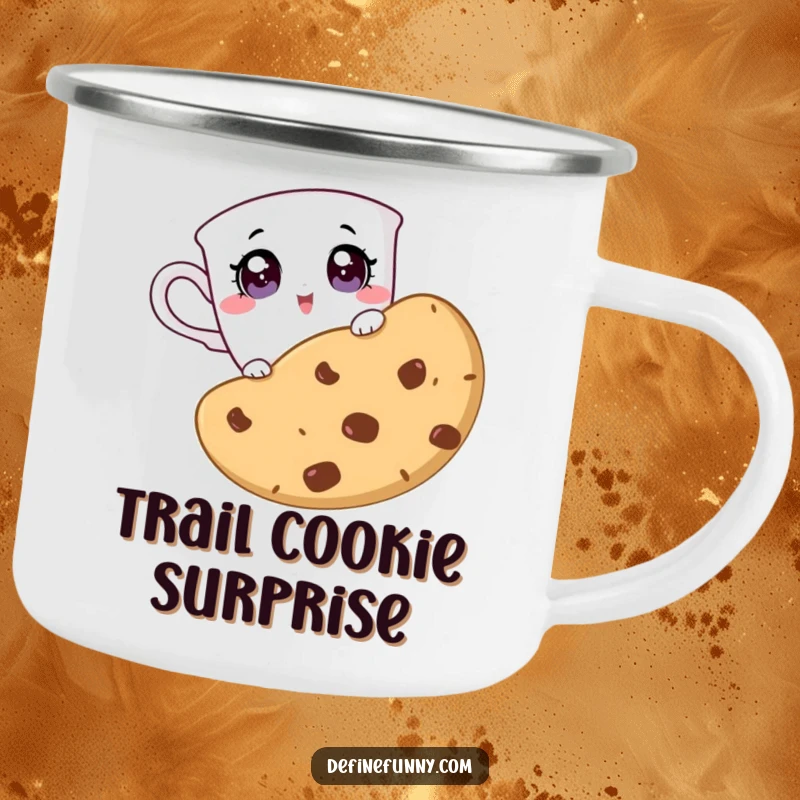 Funny camping mug with a teacup character surprised by a giant cookie, perfect for outdoor enjoyment and humorous beverages.