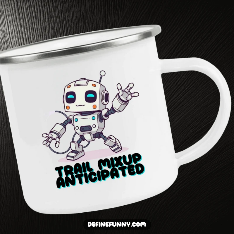 Funny vintage-style camping mug featuring a robot tripping over its giant wires, perfect for outdoor laughs and hot beverages.
