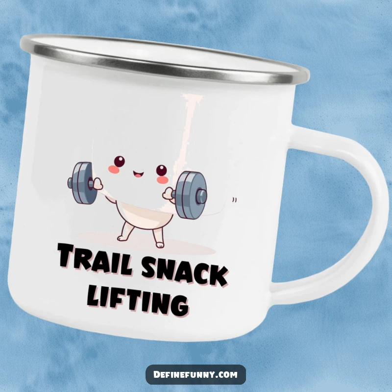 Funny Kawaii dumbbell character straining to lift a giant marshmallow on a durable camping mug. Humorous outdoors gear.