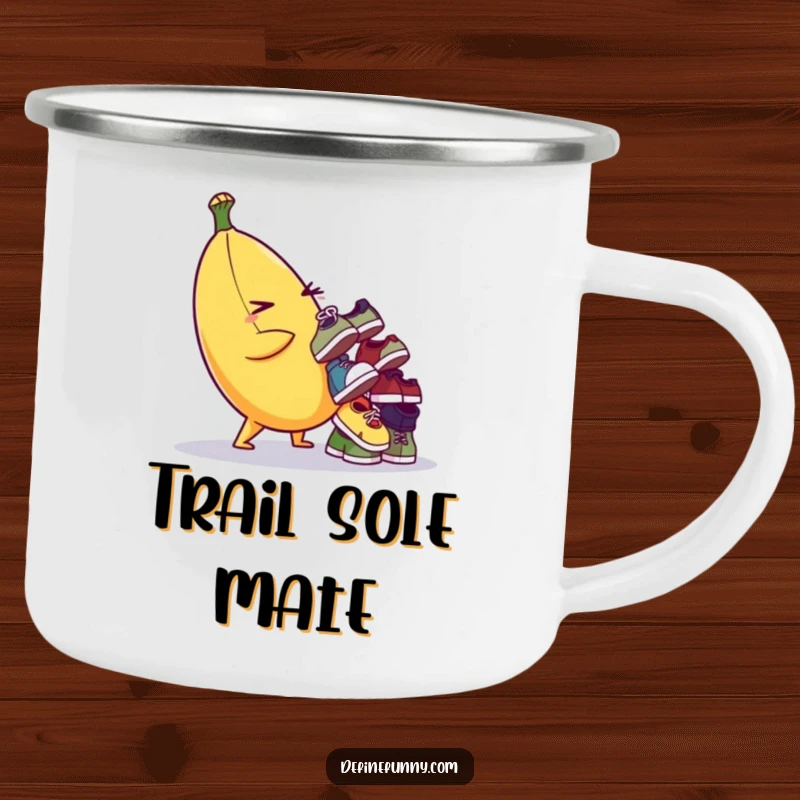 Funny camping mug featuring a winking banana character balancing a pile of tiny shoes, durable and amusing for outdoors.