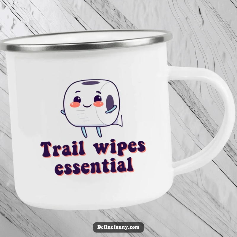 Funny Camping Mug: Cheerful toilet paper roll character unrolling itself with glee, humorously accompanying outdoor adventures with a sense of preparedness.