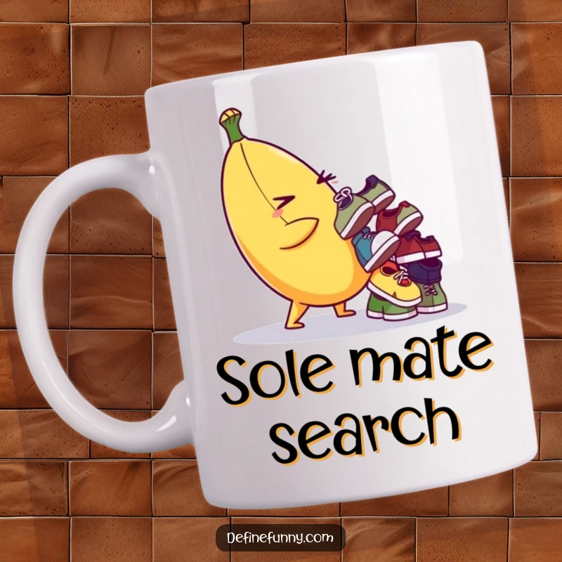 Funny mug showing a plump banana winking while balancing a pile of mismatched shoes, representing quirky fun.