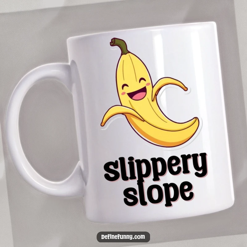 Funny Banana Peel Slip Mug: Ceramic mug depicts a grinning banana peel comically slipping on itself with exaggerated flair, a funny cautionary tale.