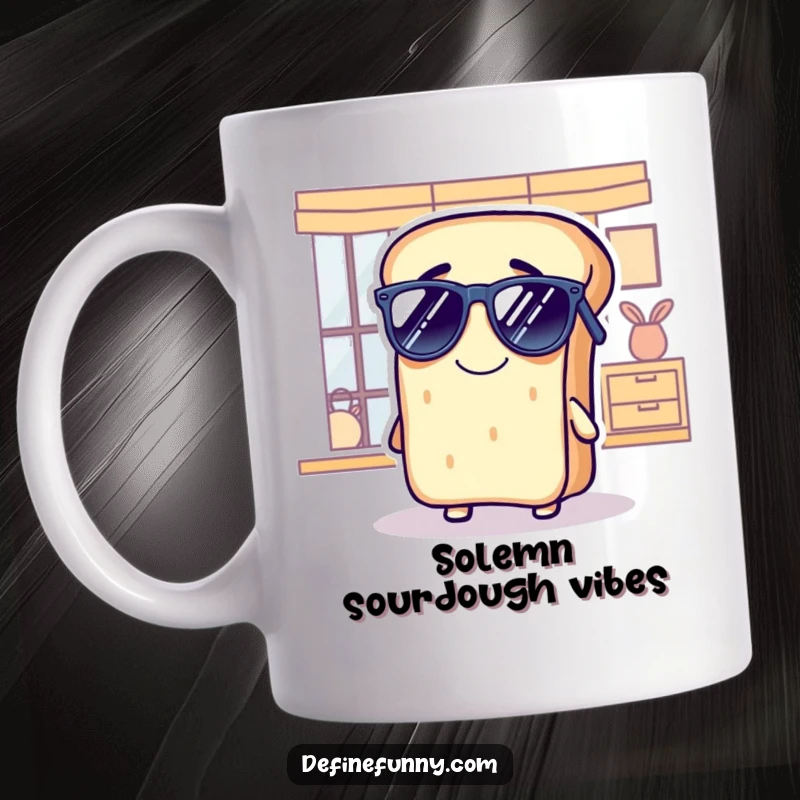 Funny bread loaf mug with a wide grin, comically wearing sunglasses indoors, looking cool and stylish, great gift.