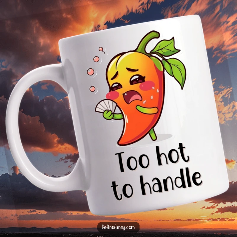 Funny chili pepper mug, surprised expression, sweating profusely and fanning itself to cool down, great humorous gift.