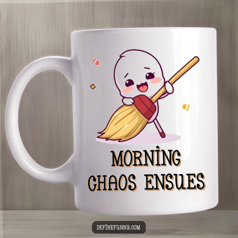 Funny, clumsy broom character comically tripping over its own bristles, on a delightful mug, a great funny gift.