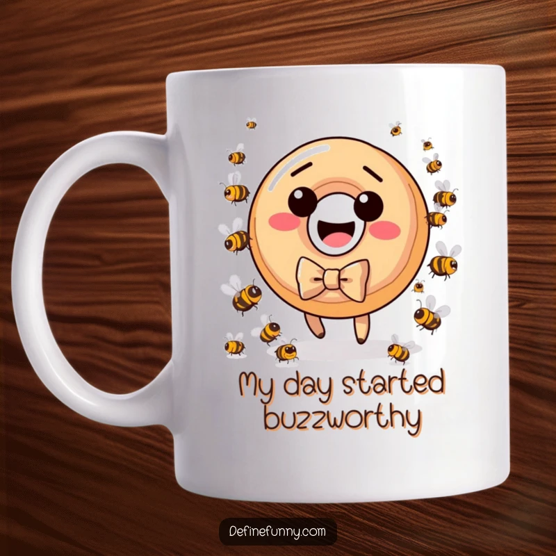 Funny donut character in a bow tie, comically chased by angry bees on a coffee mug, perfect for gifting.