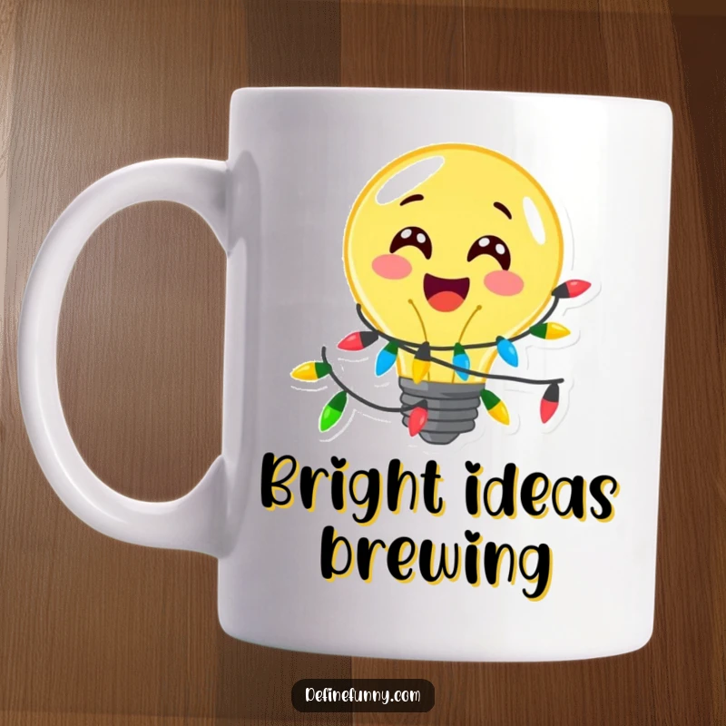 Funny, delighted lightbulb character wrapped in festive string lights, on a mug, a wonderfully funny gift.