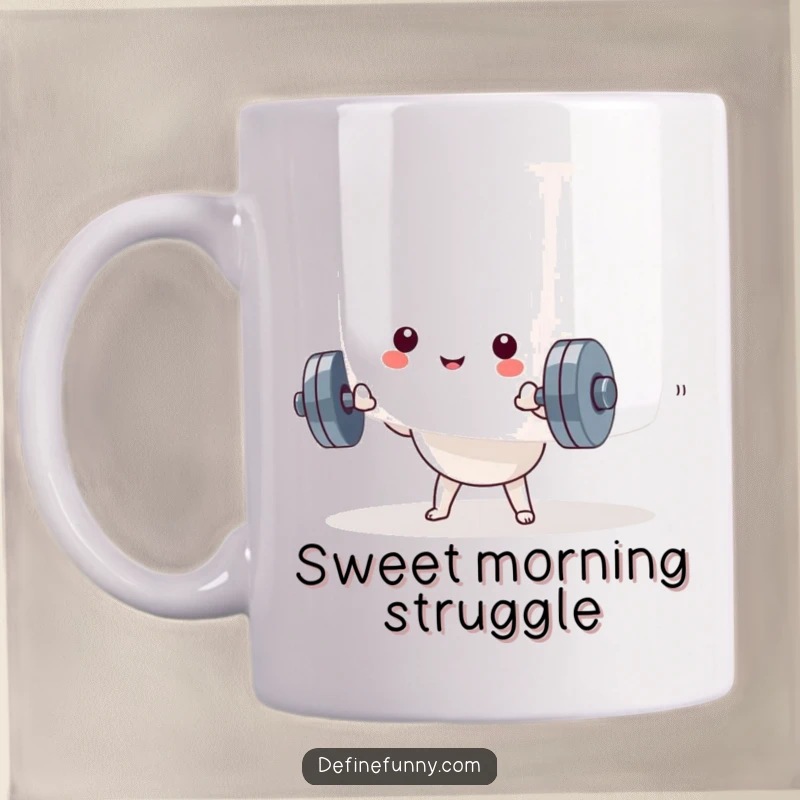 Funny Kawaii dumbbell character comically attempting to lift a massive marshmallow, looking strained yet determined. A humorous mug.