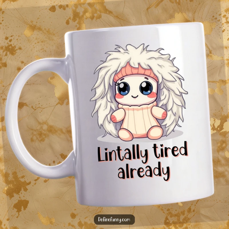 Funny Kawaii sock character with googly eyes, comically struggling against a fluffy dryer lint monster, depicted on a mug.
