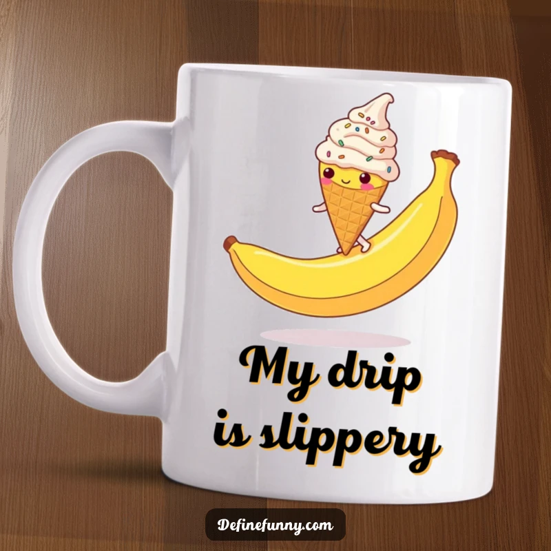 Funny Ice Cream Cone Mug: A clumsy, sprinkle-covered character slips hilariously on a giant banana peel, perfect for a funny gift.