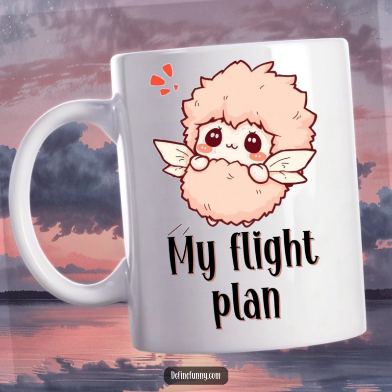 Funny bewildered fluffy slipper character trying to fly with paper wings on a mug, humorous gift.