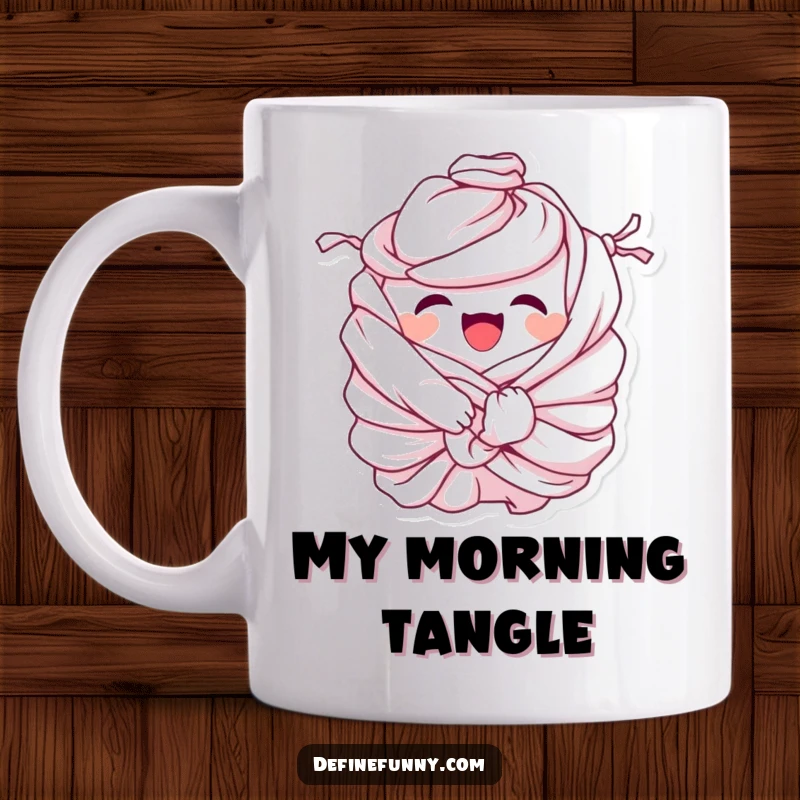 Funny Mug: Giggling pile of laundry character comically tied in knots, symbolizing the humorous struggle and absurdity of household chores.