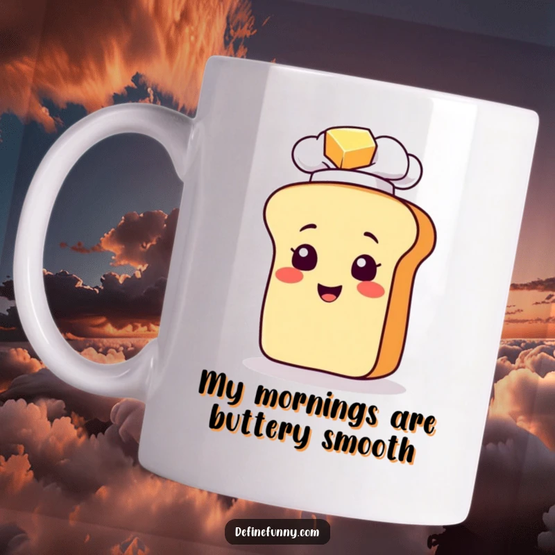 Funny mug featuring a smiling bread loaf chef in a hat, comically slipping on a pat of butter, perfect for kitchen humor lovers.