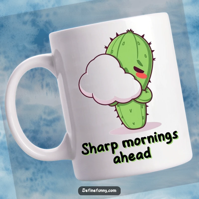 Funny Kawaii cactus character, looking uncomfortable, attempting to hug a soft, fluffy cloud on a mug.